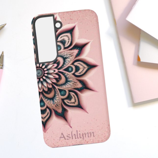 Boho Chic Personalized Floral Mandala Rose Gold  Samsung Galaxy Case (Boho Chic Rose Gold Glitter Painted Mandala Samsung Galaxy Phone Case)