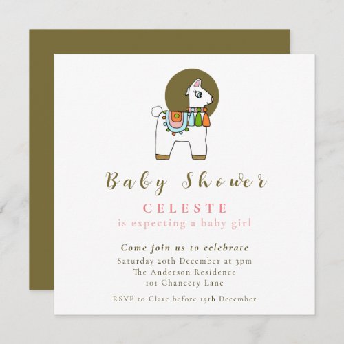 Boho chic pinata llama baby shower invitation card