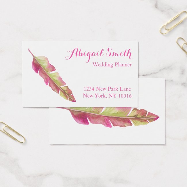 Boho Chic Pink and Green Feather Business Cards