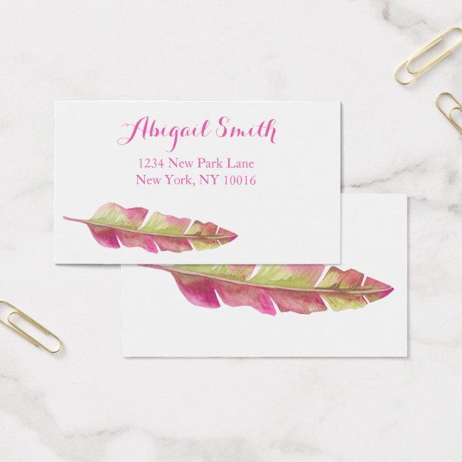 Boho Chic Pink and Green Feather Business Cards
