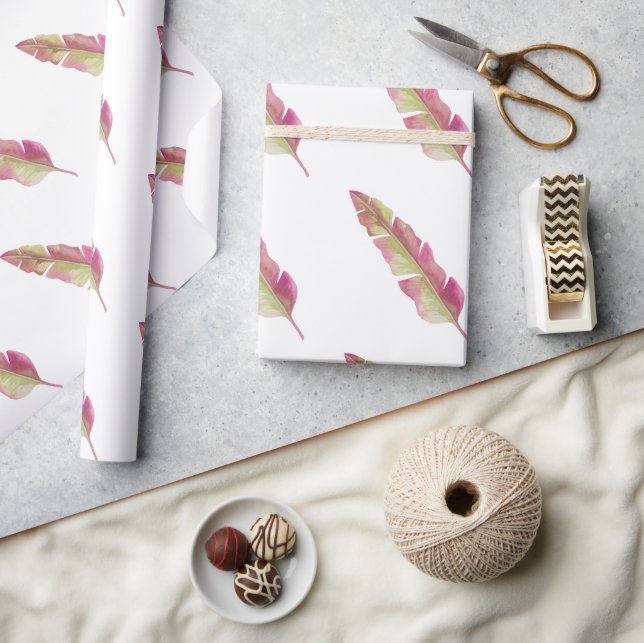 Boho Chic Pink and Green Feather Wrapping paper (Crafts)