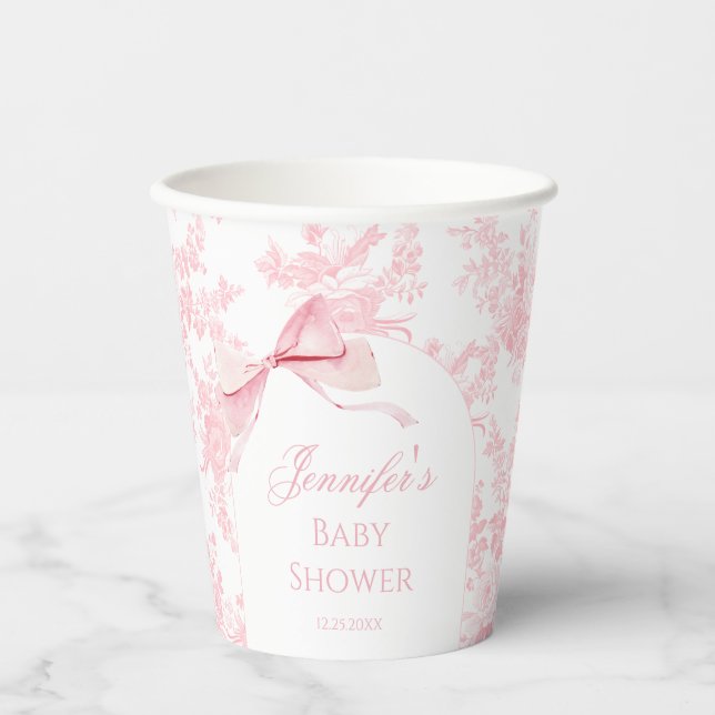 Boho Chic Pink Bow Floral Baby Girl Shower Paper Cups (Front)