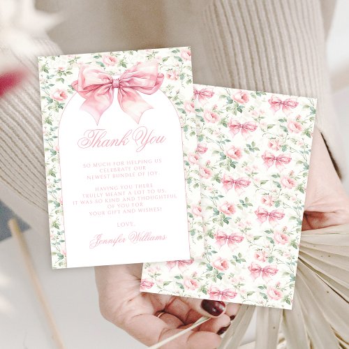 Boho chic pink bow ribbon floral baby girl shower thank you card