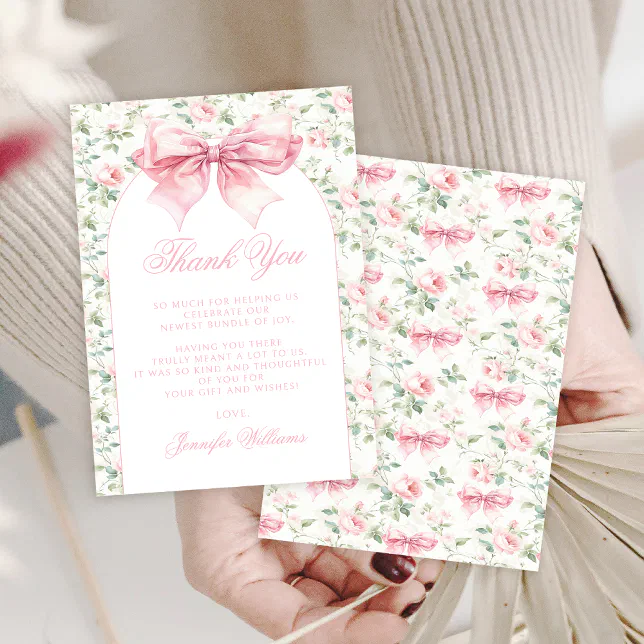 Boho chic pink bow ribbon floral baby girl shower thank you card | Zazzle