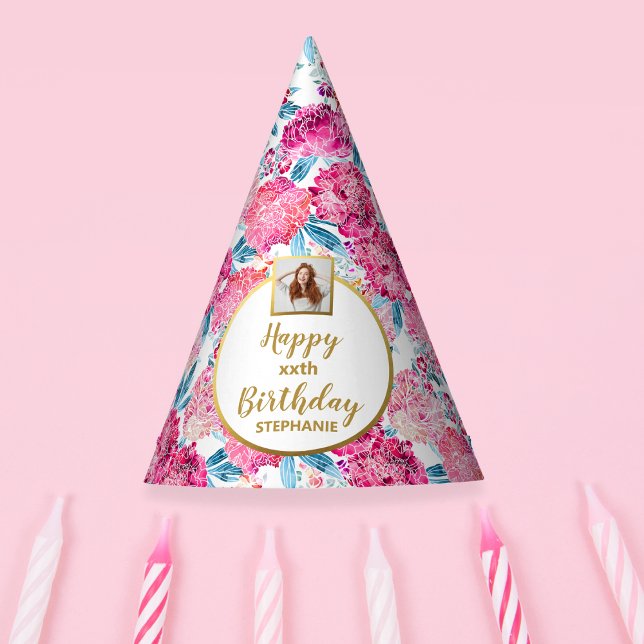 Boho Chic Pink Floral Custom Photo Happy Birthday Party Hat (Creator Uploaded)