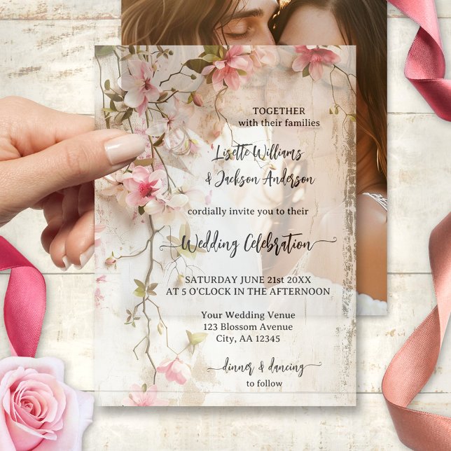 Boho Chic Pink Floral Elegant Wedding Vellum Invitations (Elegant bohemian chic vellum wedding invitation featuring pink flowers on a rustic background)