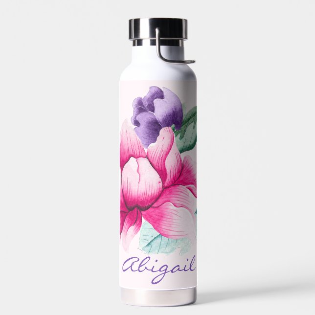 Boho Chic Pink Floral Water Bottle (Left)