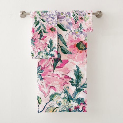  Boho Chic Pink Floral Watercolor Botanical Bath Towel Set