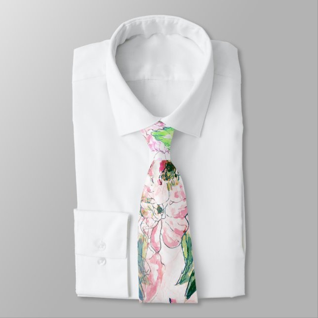  Boho Chic Pink Floral Watercolor Botanical Neck Tie (Tied)