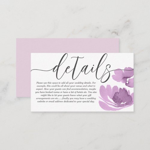 Boho Chic Pink Floral Watercolor Wedding Details Enclosure Card