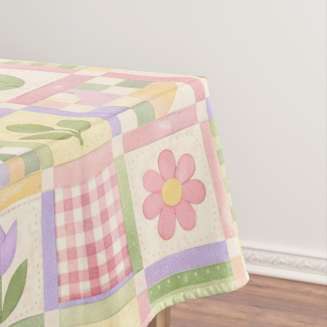 Boho Chic Pink & Green Quilt Floral Patchwork Tablecloth (In Situ)