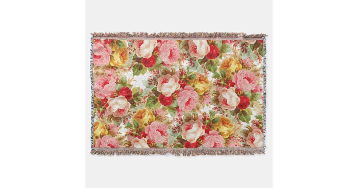 Boho Chic Pink Ivory Vintage Roses Floral Painting Throw Blanket