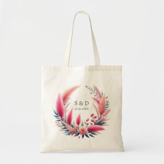 Boho Chic Pink Pampas Wedding Tote Bag (Front)
