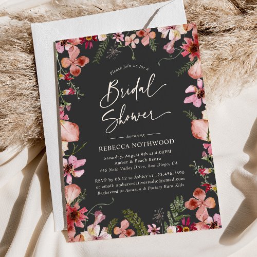 Boho Chic Pink Pressed Florals Grey Bridal Shower Invitation