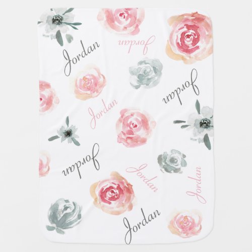 Boho Chic pink Watercolor florals repeated Name Baby Blanket