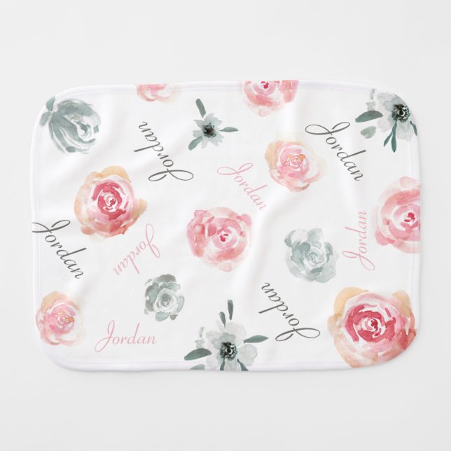 Boho Chic pink Watercolor florals repeated Name  Baby Burp Cloth (Front Horizontal)
