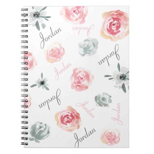 Boho Chic pink Watercolor florals repeated NamE Notebook