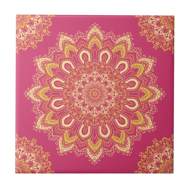 Boho Chic Pink Yellow Modern Elegant Mandala Ceramic Tile (Front)