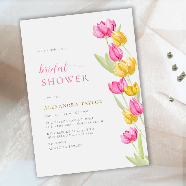Boho Chic Pink Yellow Tulips Spring Bridal Shower Invitation (Creator Uploaded)