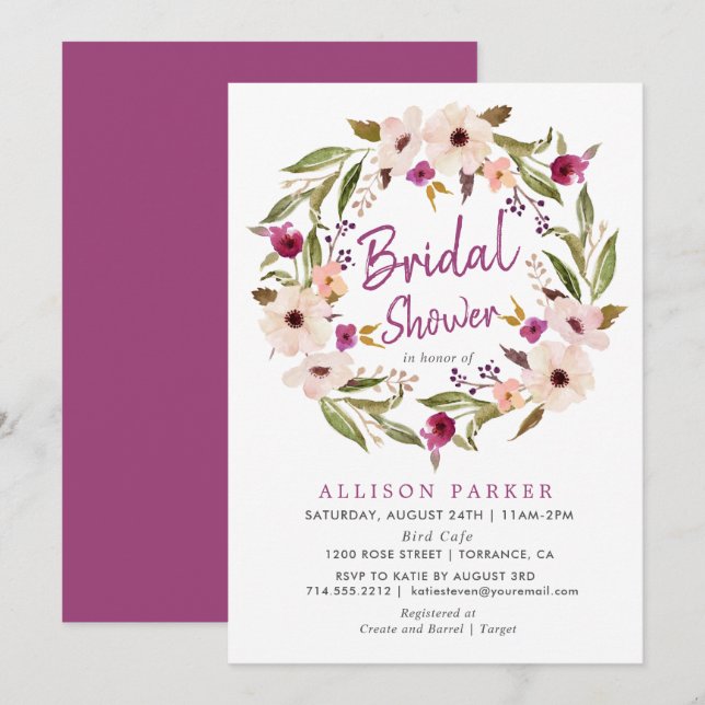 Boho Chic Plum Flowers Bridal Shower Invitation (Front/Back)