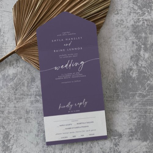 Boho Chic Plum Purple Meal Choice RSVP Wedding All In One Invitation