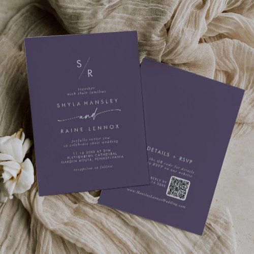 Boho Chic Plum Purple Monogram QR Code Wedding Invitation