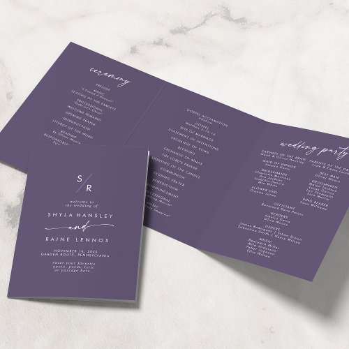 Boho Chic Plum Purple Monogram Wedding Tri_Fold Program