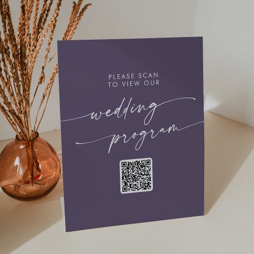 Boho Chic Plum Purple QR Code Wedding Program Pedestal Sign