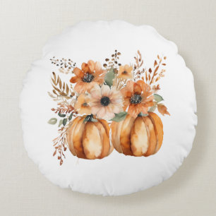 Boho Chic Pumpkin and Floral Patterns Thanksgiving Round Pillow