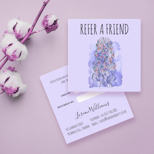 Boho Chic Purple Bride Hairstyle Watercolor Floral Appointment Card