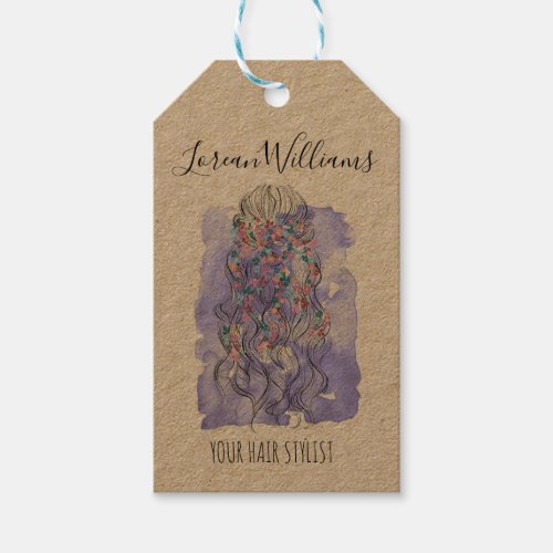 Boho Chic Purple Bride Hairstyle Watercolor Floral Gift Tags