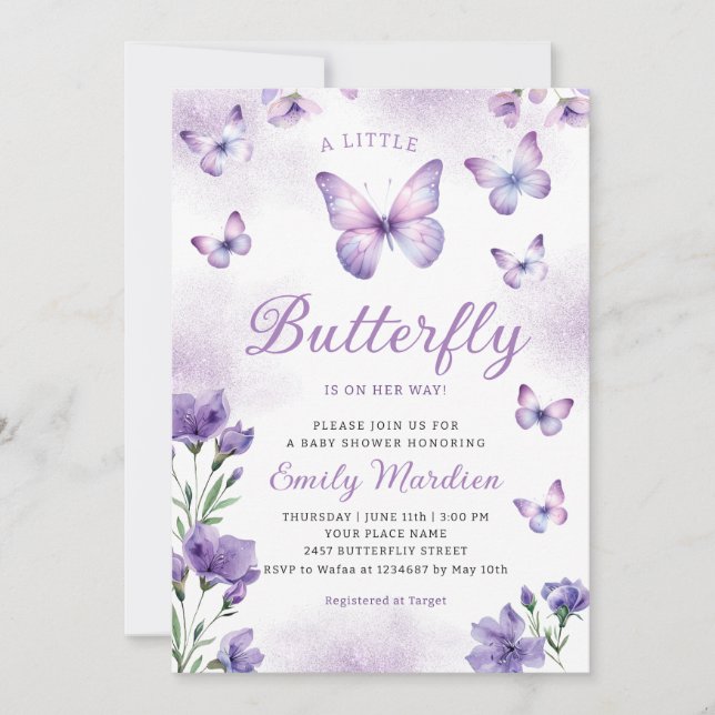 Boho Chic Purple Floral Butterfly Girl Baby Shower Invitation (Front)