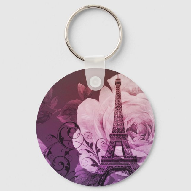 Boho chic purple floral Girly Paris Eiffel Tower Keychain (Front)