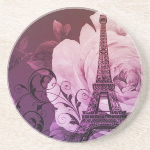 Boho chic purple floral Girly Paris Eiffel Tower Sandstone Coaster