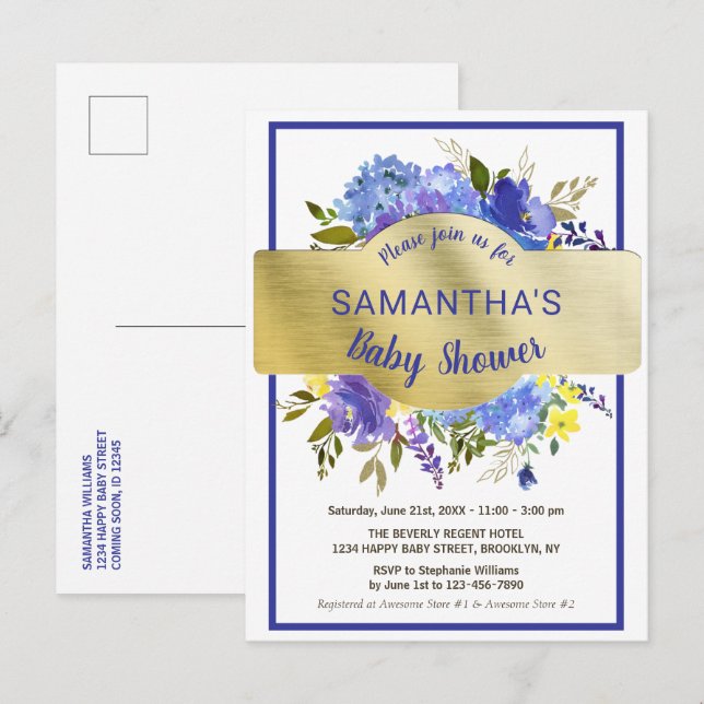Boho Chic Purple Floral Gold Baby Shower  Invitation Postcard (Front/Back)