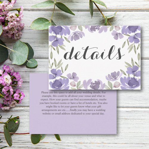 Boho Chic Purple Floral Watercolor Wedding Details Enclosure Card