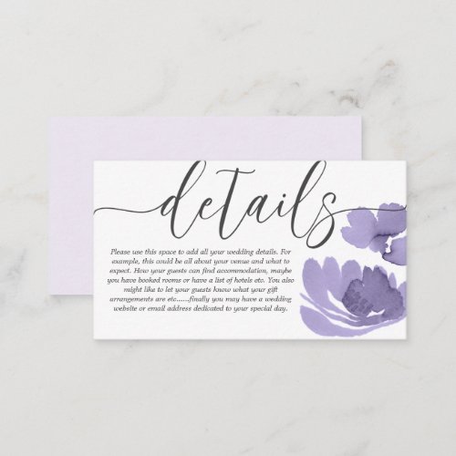 Boho Chic Purple Floral Watercolor Wedding Details Enclosure Card