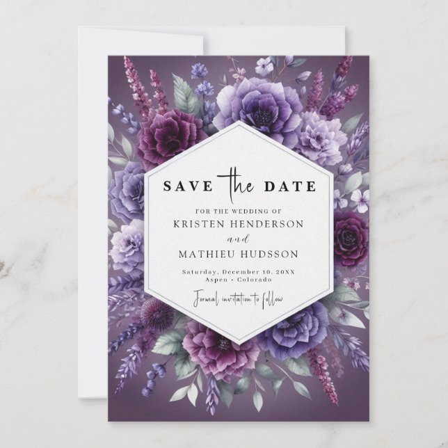Boho Chic Purple Floral Wedding Save The Date (Front)