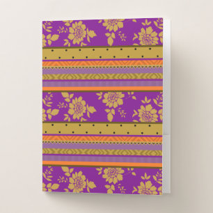 Boho Chic Purple Orange Floral Stripes Pattern Pocket Folder