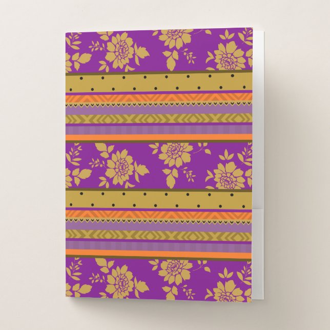 Boho Chic Purple Orange Floral Stripes Pattern Pocket Folder (Front)