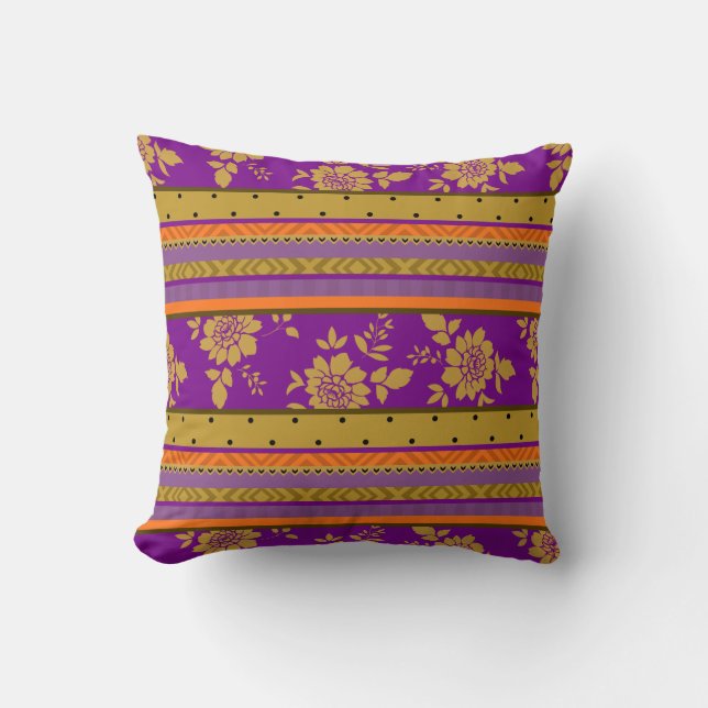 Boho Chic Purple Orange Floral Stripes Pattern Throw Pillow (Front)