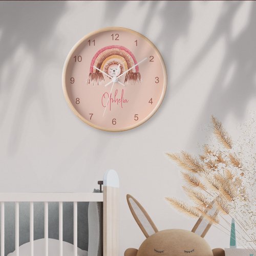 Boho Chic Rainbow Lion Baby Name Pink Cream Clock