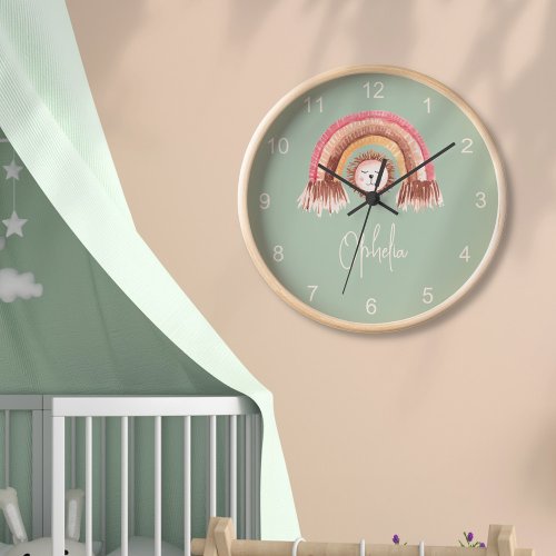 Boho Chic Rainbow Lion Baby Name Sage Green Clock