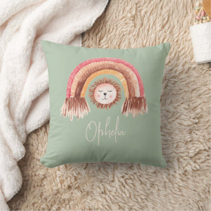 Boho Chic Rainbow Lion Baby Name Sage Throw Pillow