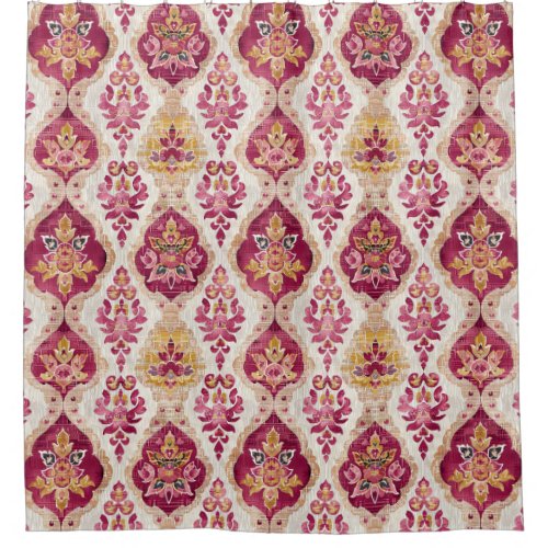 Boho Chic Red Berry and Gold Ikat Pattern Shower Curtain