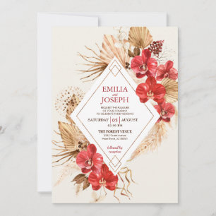 Boho chic red gold Frame & red Orchid fall Wedding Invitation