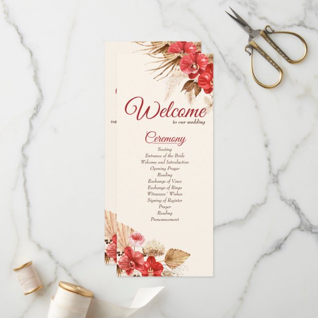 Boho chic red orchid fall custom Wedding Program (Front/Back In Situ)