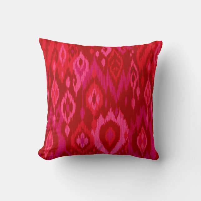 Boho Chic red pink fuchsia Ikat Tribal Tapestry Throw Pillow (Front)
