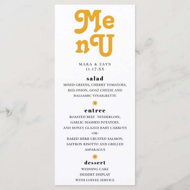 Boho Chic Retro 70's Wedding Menu (Front)