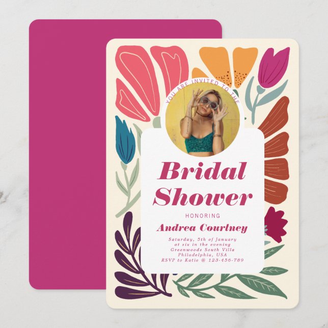 Boho Chic Retro Colorful Bridal Shower Photo Invitation (Front/Back)